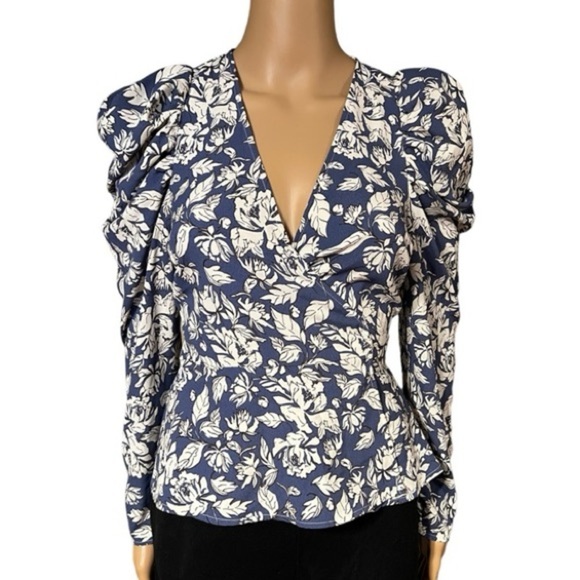 ASTR Floral Wrap Style Peplum Blue and White Blouse Top - Picture 3 of 9